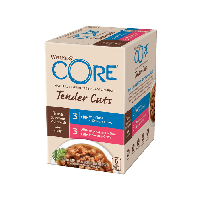 Wellness Core Tender Cuts Tuna Selection Multipack zestaw saszetek dla kotów dorosłych tuńczyk 3x2 smaki 6x85g/510g