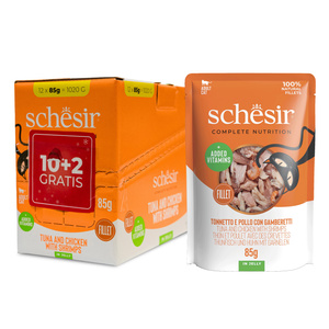 Schesir C&B kot pouch tuńczyk z kurczakiem i krewetkami filety galaretka 85g 12szt/display